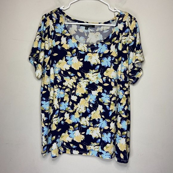 Zac & Rachel Women Plus 1X Floral Top Blue Yellow Short Sleeve Stretch Shirt - Picture 1 of 9